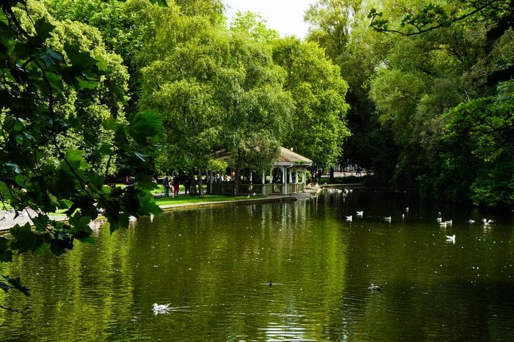 St. Stephen's Green Park in Dublin, showing a serene pond reflecting lush green trees and a white gazebo, with birds swimming in the water.